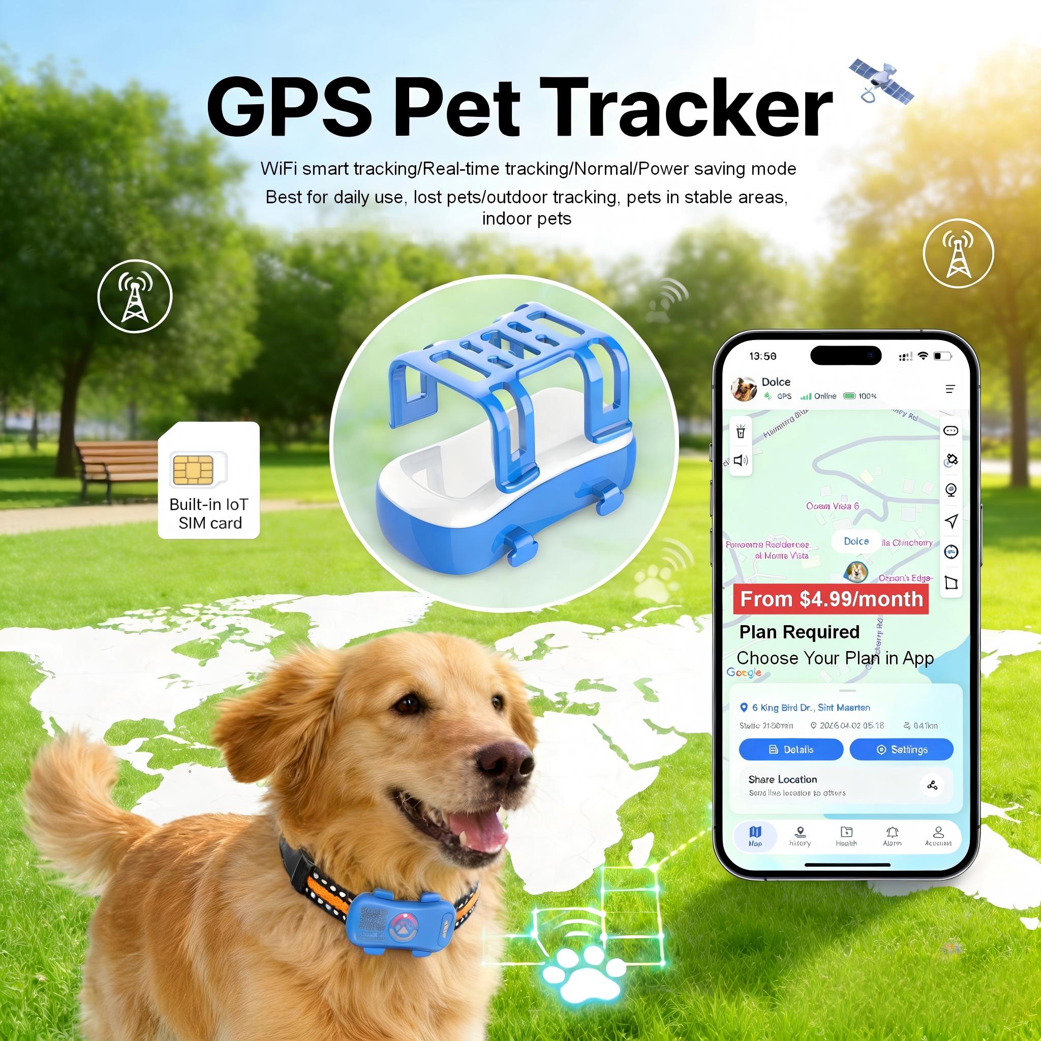 Dog GPS Tracker Real Time, Anti-Lost Pet Tracker With Geofence, Flash Light And Sound Alarm, Unlimited Distance Tracking, Fits Most Pet Collars, Subscription Required