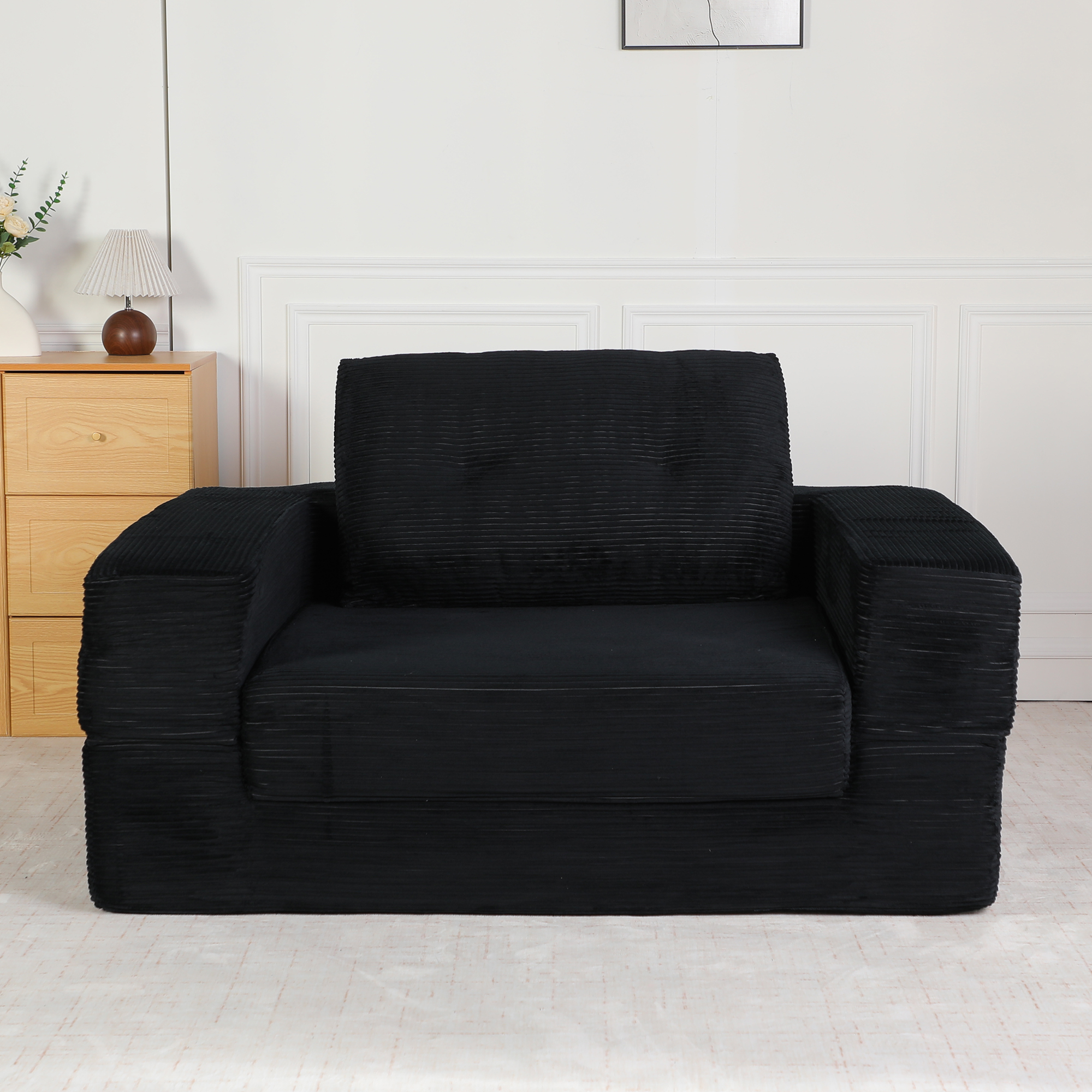 Compression Human Dog Sofa Bed For & Pets,Modern Floor Couch With Pillow For Living Room Bedroom,Corduroy Fabric,No Assembly Required, Black