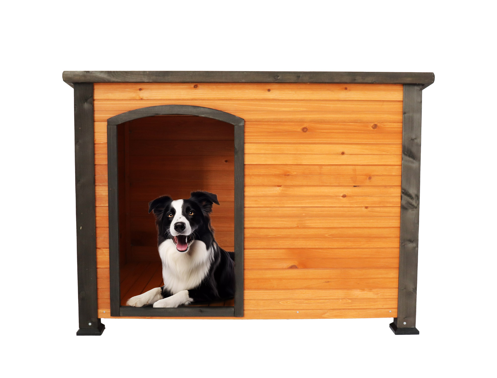 45 Dog House Outdoor And Indoor Wooden Kennel, Winter Strap With Elevated Feet, Large Dog Weatherproof Gold Red And Black