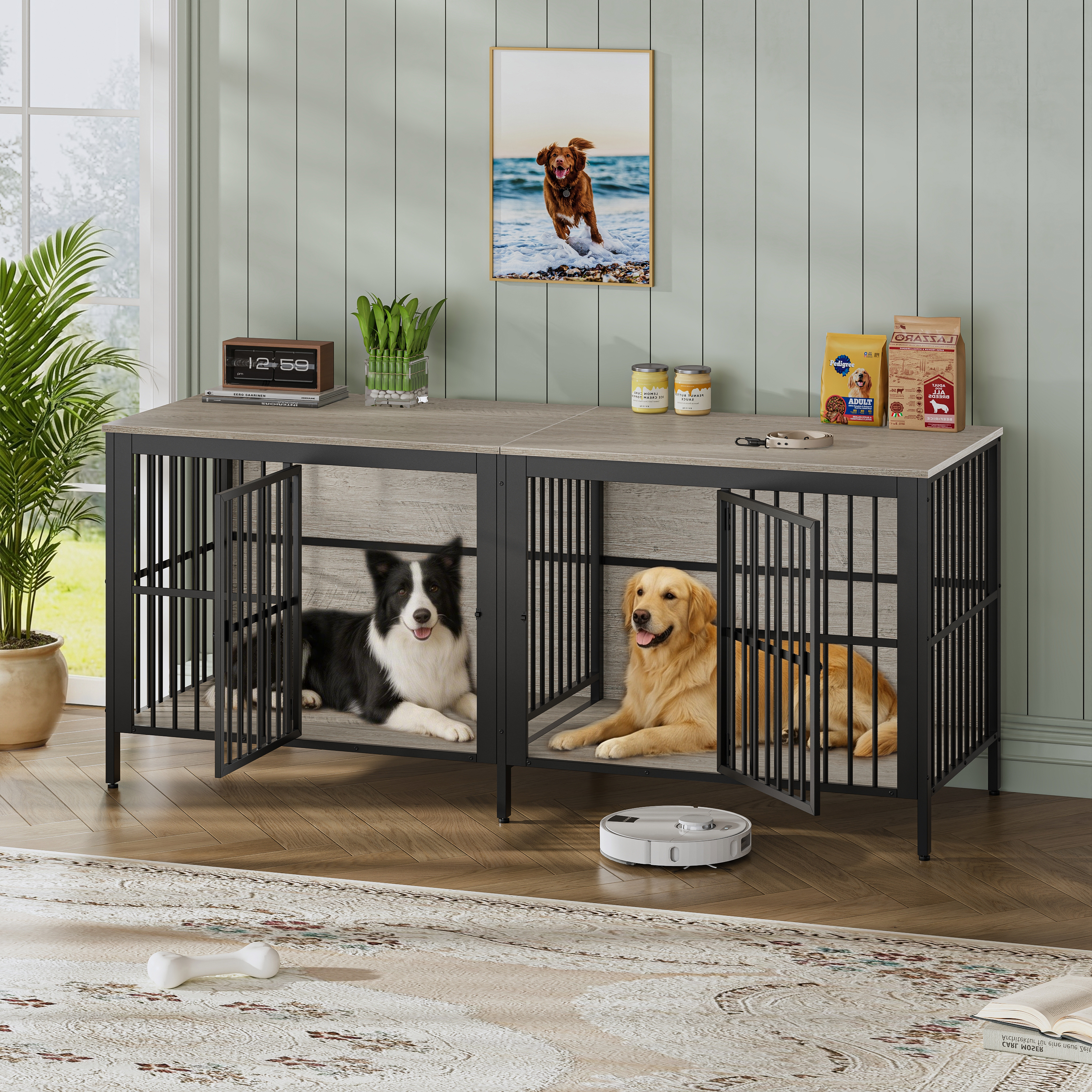 80 Dog Crate End Table, Heavy Duty 2-Door Indoor Pet Kennel, Multipurpose Dog House Furniture As TV Stand Or Side Table For Living Room, Large & Medium Dogs, Grey.