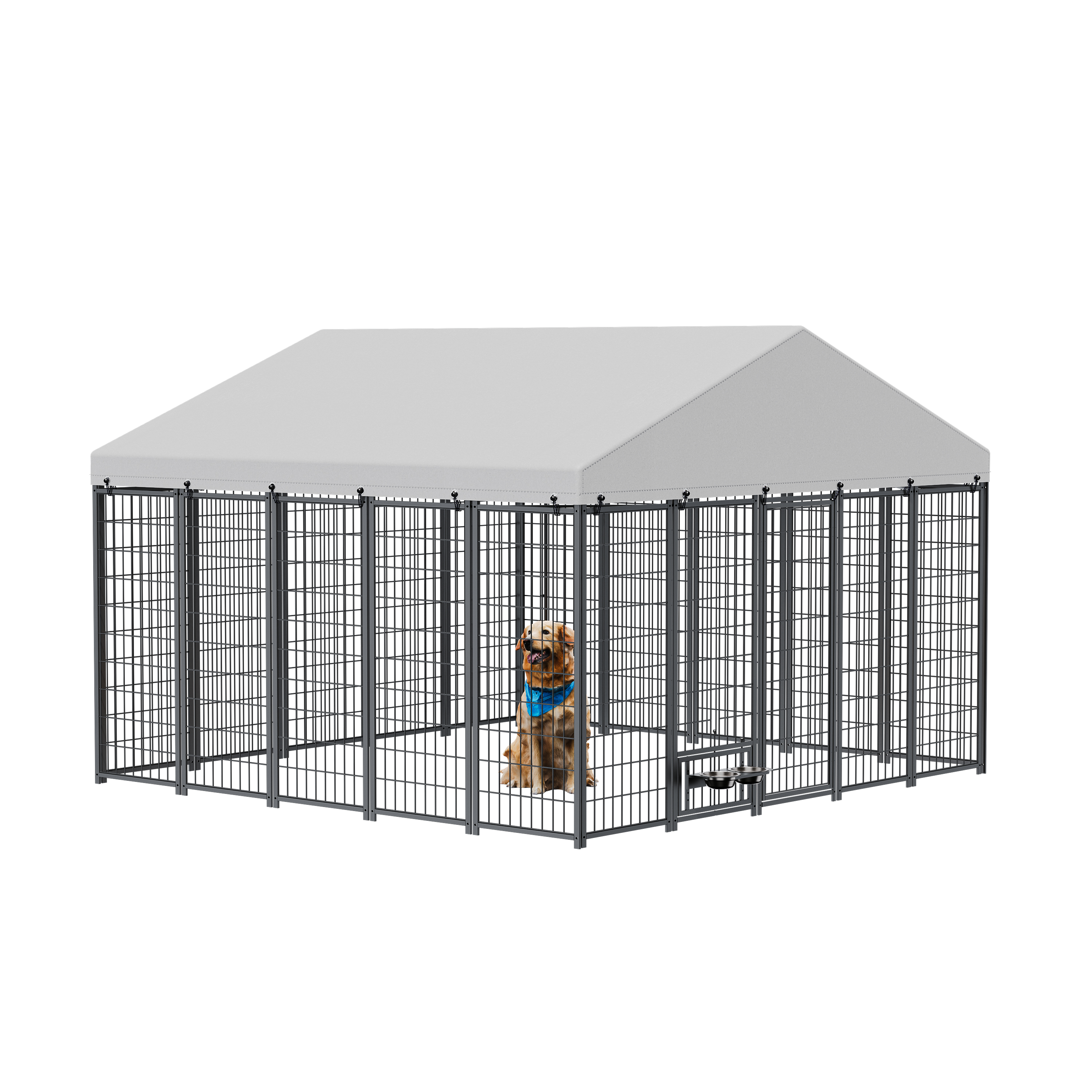 Large Dog Kennel Outdoor Pet Pens Dogs Run Enclosure Animal Hutch Metal Coop Fence With Roof Cover. 9.61'L X 9.45'W X 6.77'H.