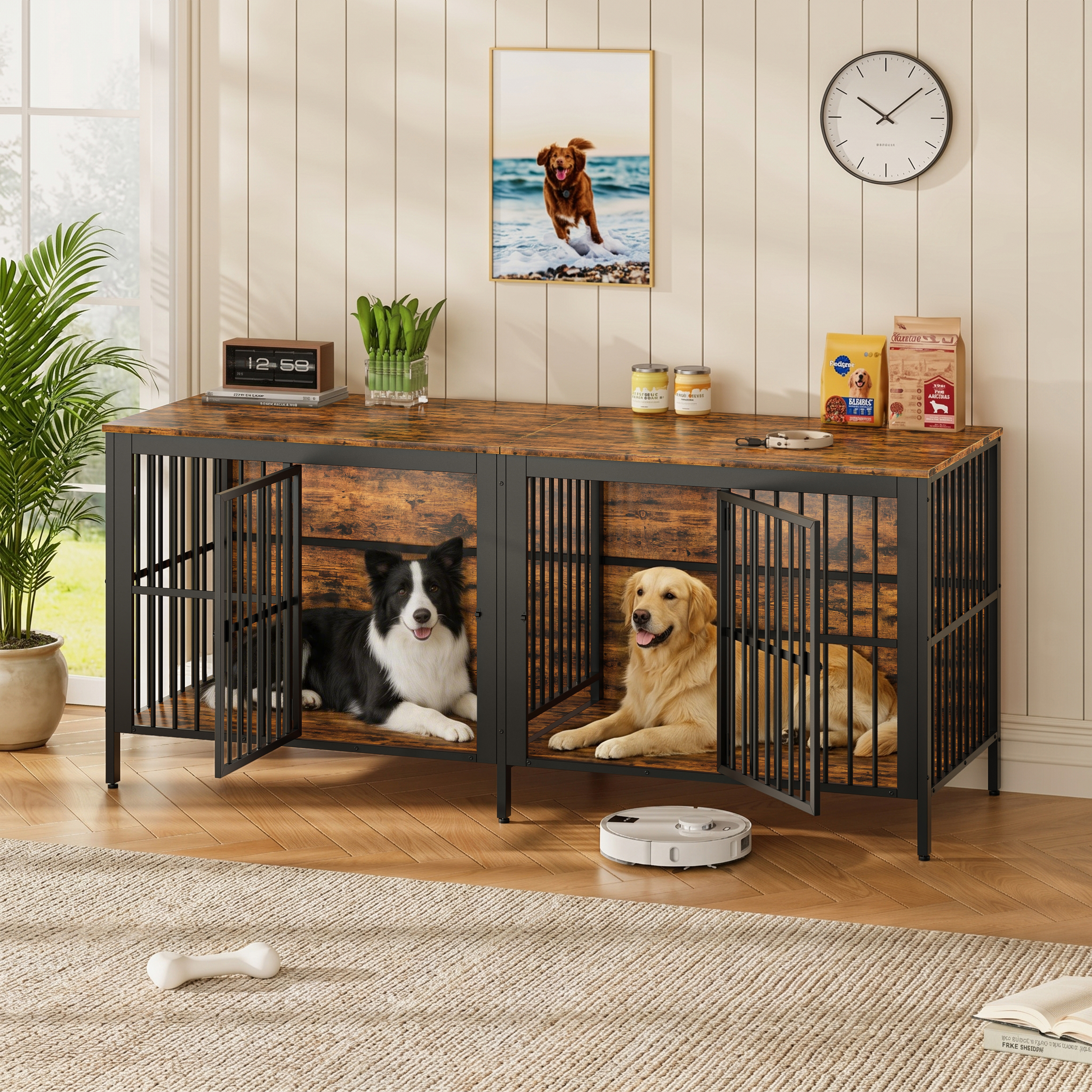 80 Dog Crate End Table, Heavy Duty 2-Door Indoor Pet Kennel, Multipurpose Dog House Furniture As TV Stand Or Side Table For Living Room, Large & Medium Dogs. Rustic Brown