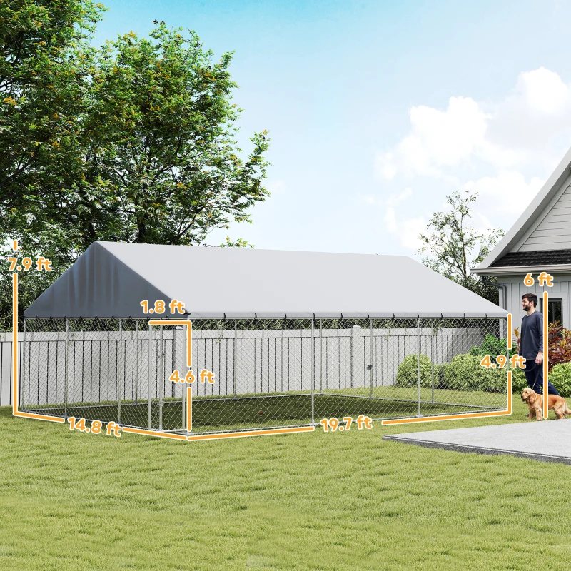 Heavy Duty Outdoor Dog Kennel With Waterproof Roof, 2 Secure Latches, Chain Link Dog Run For Backyard, 20' X 15' X 8'