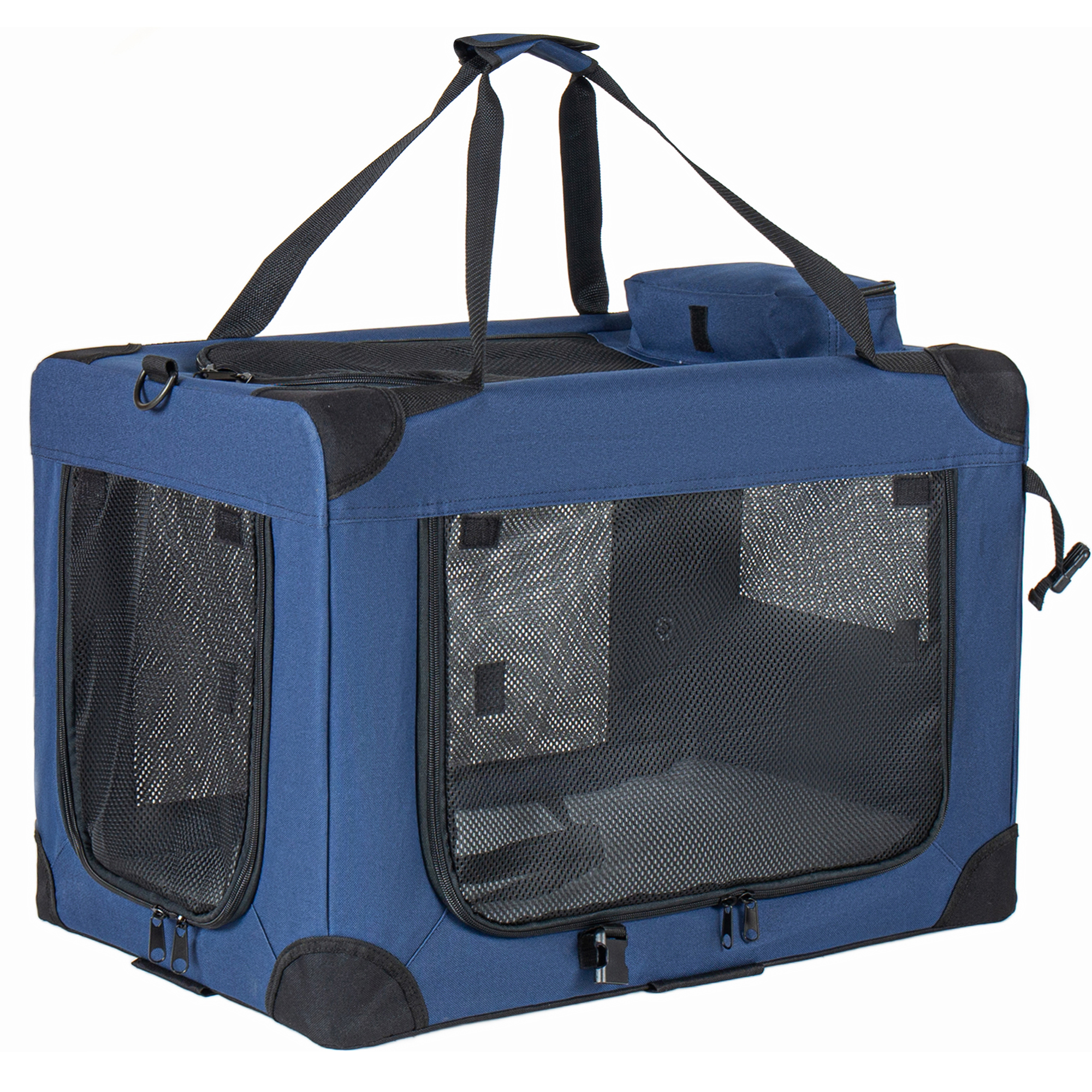 32 Soft Dog Crates Kennel, 3-Door Portable Folding Pet Carrier With Mesh Windows, Straps And Fleece Mat For Dogs, Cats, Rabbits, Meeting The Needs For Indoor, Outdoor, And Travel Use, Dark Blue